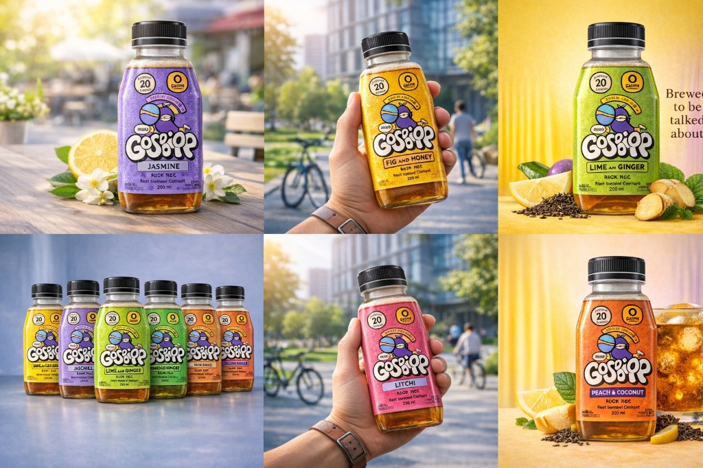 Gossip iced tea product collage featuring all flavors